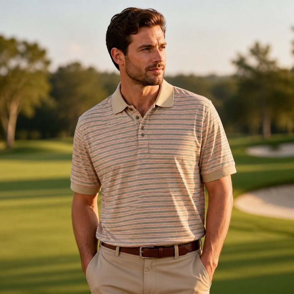 Pebble Beach Men's Striped Mercerized Cotton Polo Shirt Tan Size M